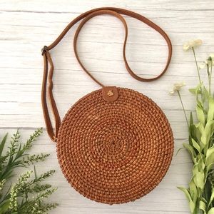 Costal Boho Brown Rattan Circle Crossbody Purse